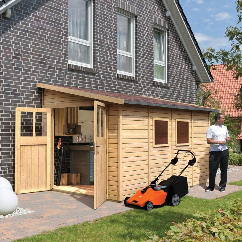 Abri de jardin adossé 8,27m² en épicéa massif 19mm Bomlitz 4 marron avec embase Karibu - Image 1