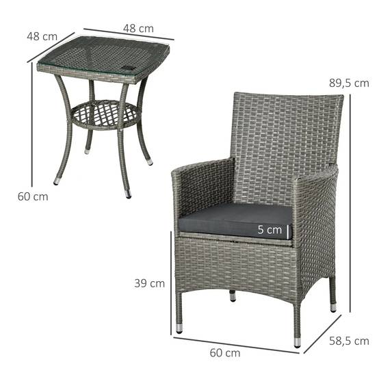 Salon de Jardin Bistro Résine Tressée Balcon 2 Personnes Table Verre Coussins Gris - ComfortXL Outdoor Living - Image 3