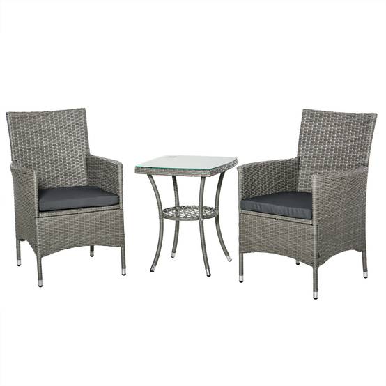 Salon de Jardin Bistro Résine Tressée Balcon 2 Personnes Table Verre Coussins Gris - ComfortXL Outdoor Living - Image 2