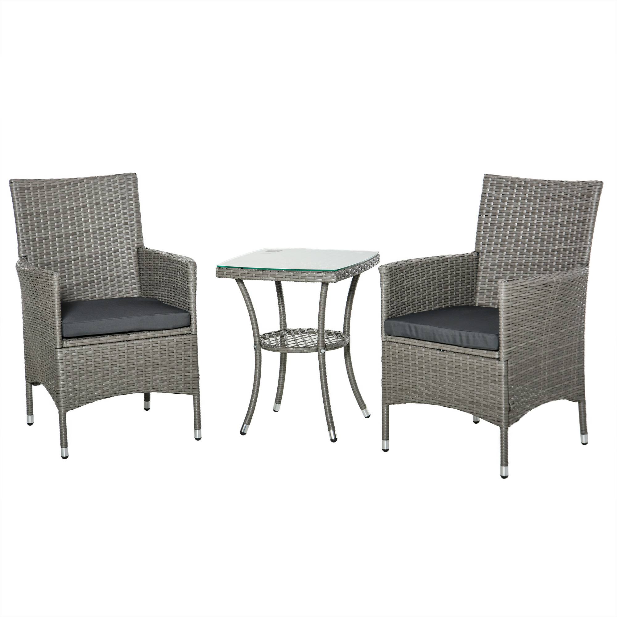 Salon de Jardin Bistro Résine Tressée Balcon 2 Personnes Table Verre Coussins Gris - ComfortXL Outdoor Living - Image 2