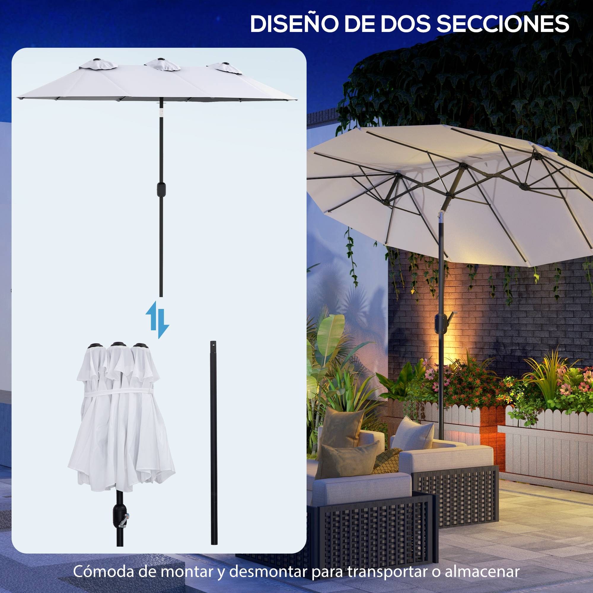 ComfortXL - Parasol Double Rectangulaire Jardin Inclinable avec Manivelle 295x152 cm Crème - ComfortXL Outdoor Living - Image 10