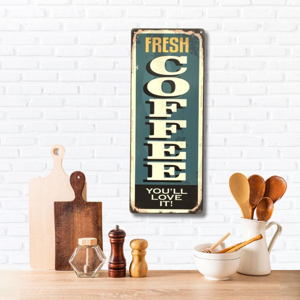 Plaque murale décorative vintage métal bleu Fresh coffee 20x50cm Chemin de campagne - Image 3