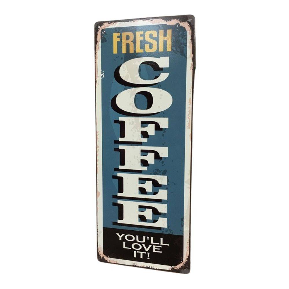 Plaque murale décorative vintage métal bleu Fresh coffee 20x50cm Chemin de campagne - Image 1