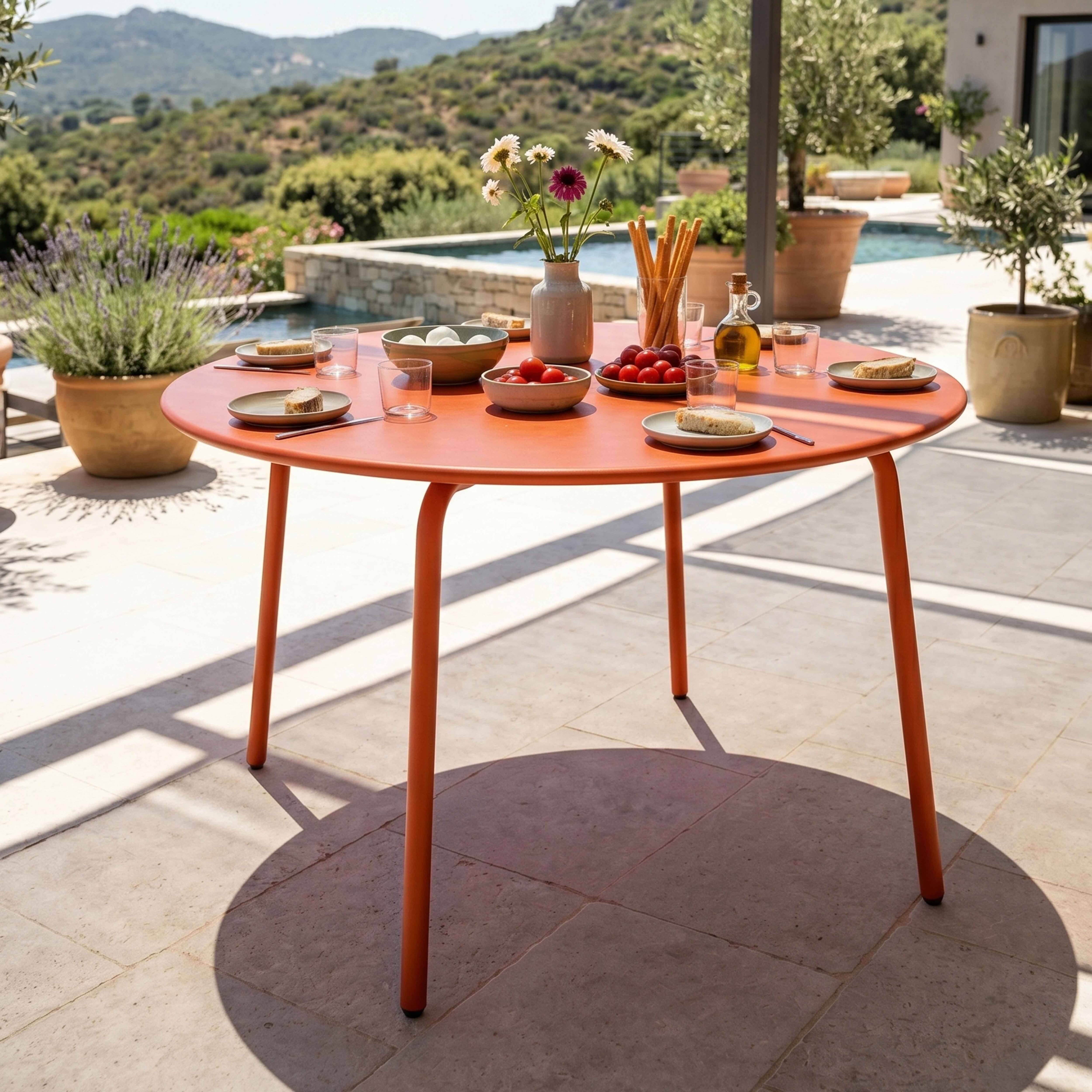 Oviala - Ensemble table de jardin ronde et 6 chaises en métal orange Palavas - Oviala - Imagen 3