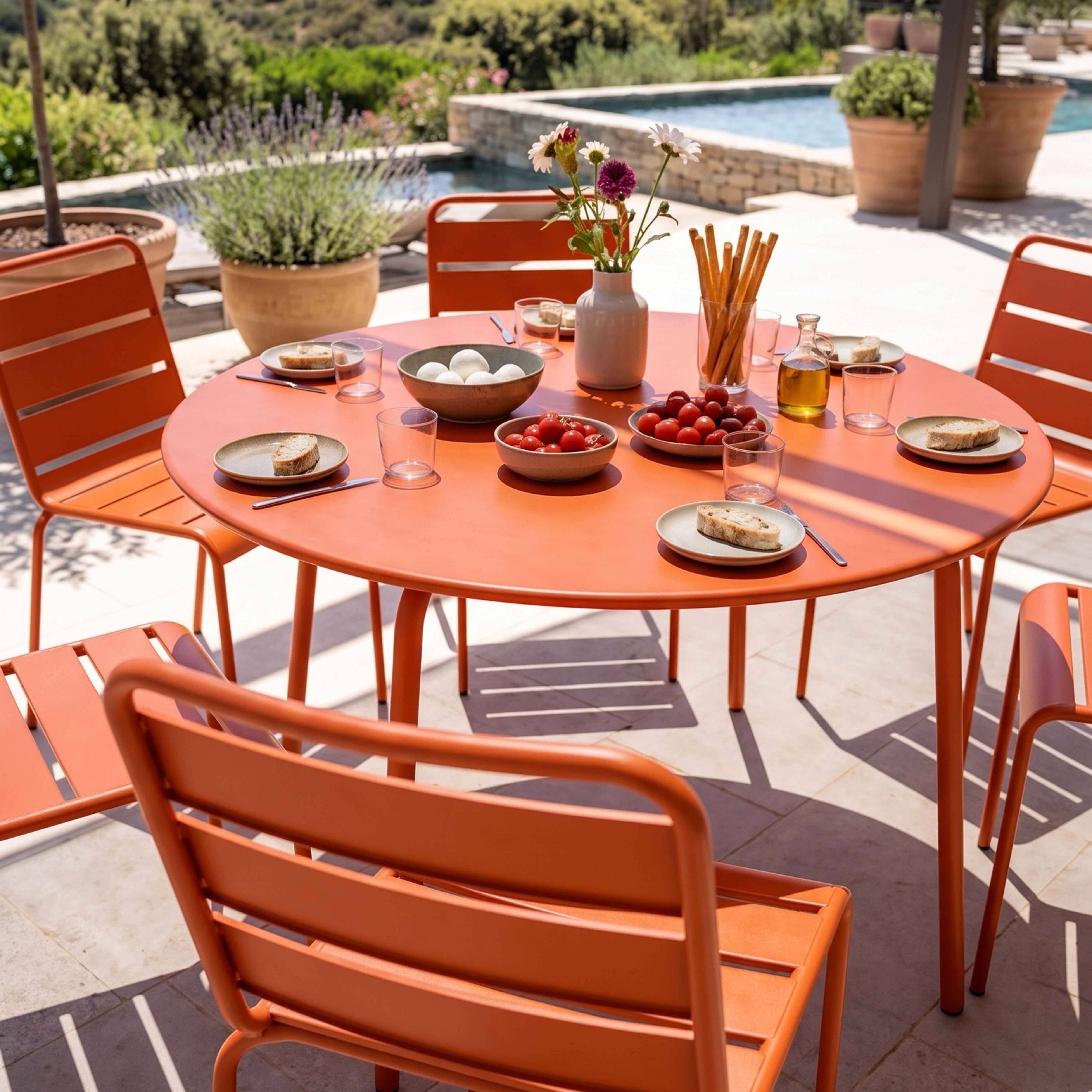 Oviala - Ensemble table de jardin ronde et 6 chaises en métal orange Palavas - Oviala - Imagen 4