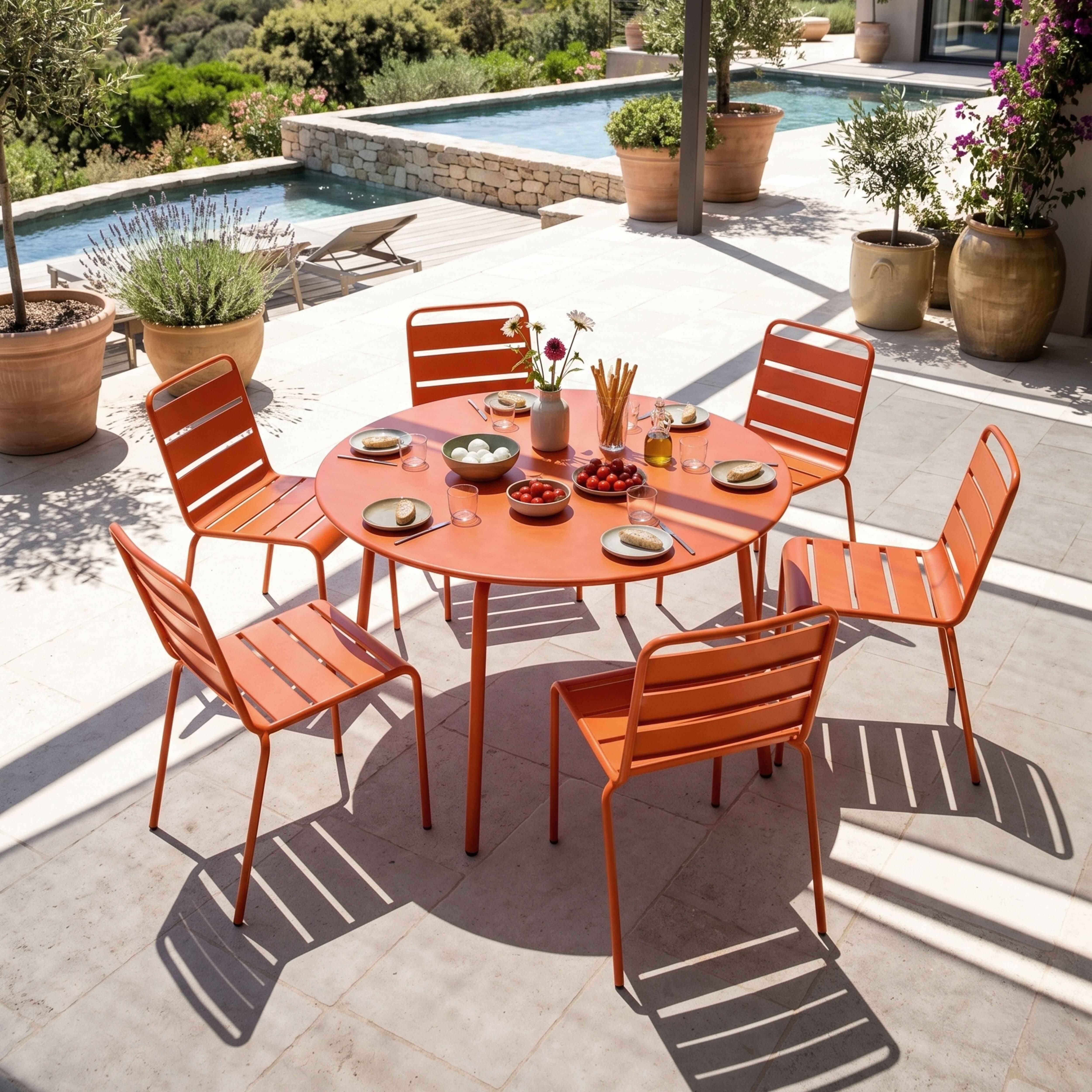 Oviala - Ensemble table de jardin ronde et 6 chaises en métal orange Palavas - Oviala - Imagen 2
