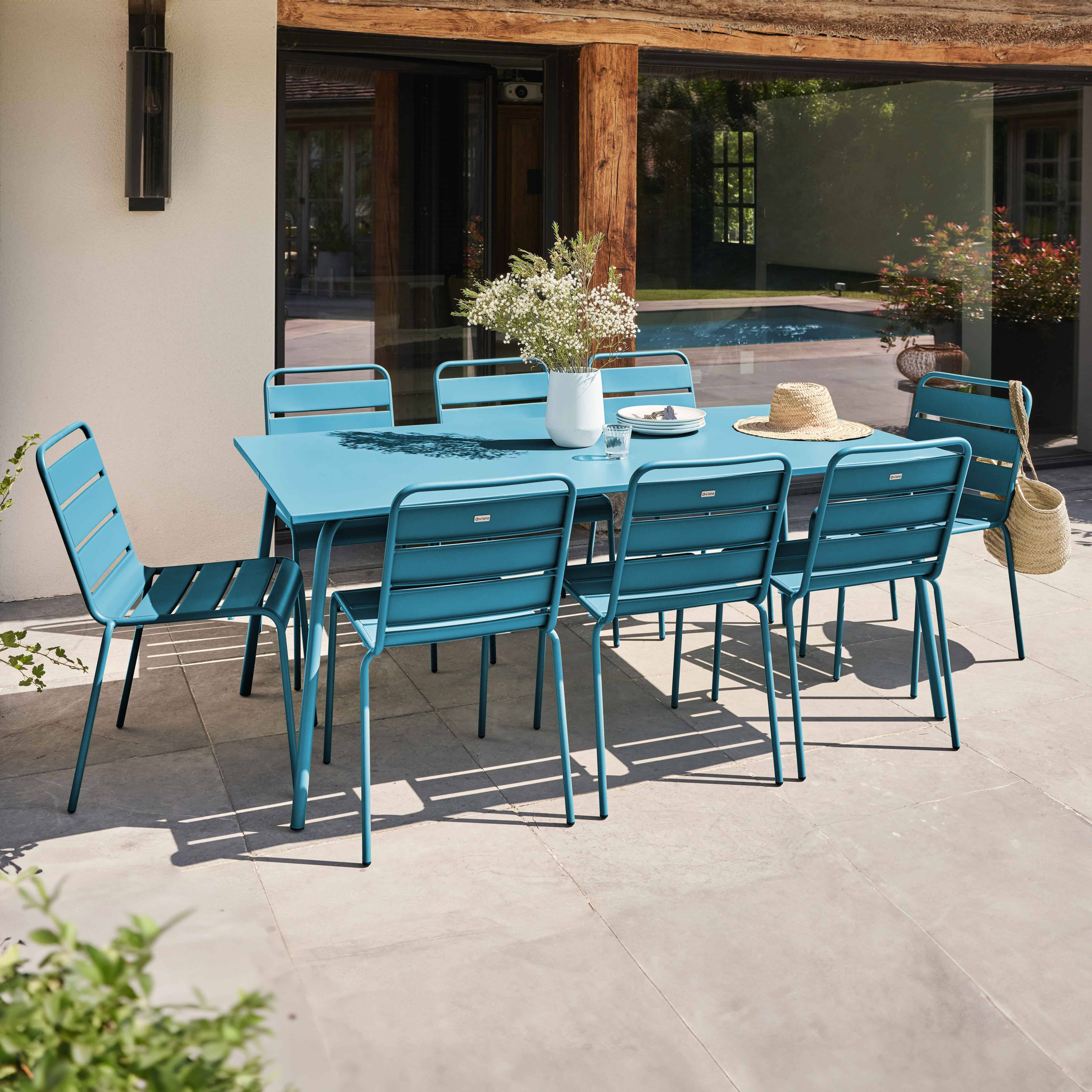 Oviala - Ensemble table de jardin et 8 chaises en métal bleu Palavas - Oviala - Imagen 2