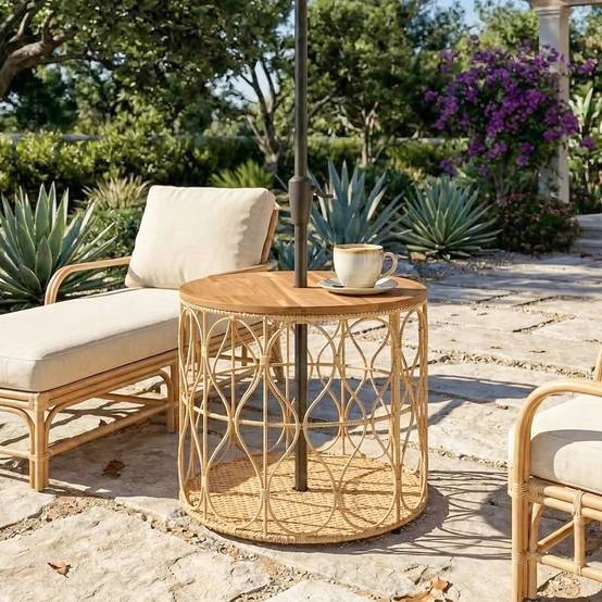Table d'appoint Ø50 cm, table de jardin résistante aux intempéries aspect rotin, plateau en bois d'acacia, pieds réglables, teck - Image 4