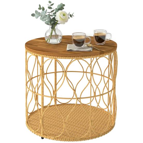Table d'appoint Ø50 cm, table de jardin résistante aux intempéries aspect rotin, plateau en bois d'acacia, pieds réglables, teck - Image 2