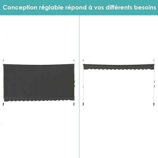 Helloshop26 - Auvent manuel rétractable 400 cm hauteur réglable de 200-300 cm store banne fait en aluminium et tissu oxford anti UV gris - Imagen 5