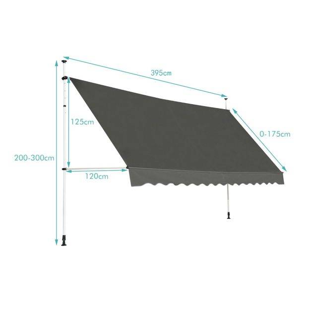 Helloshop26 - Auvent manuel rétractable 400 cm hauteur réglable de 200-300 cm store banne fait en aluminium et tissu oxford anti UV gris - Imagen 4