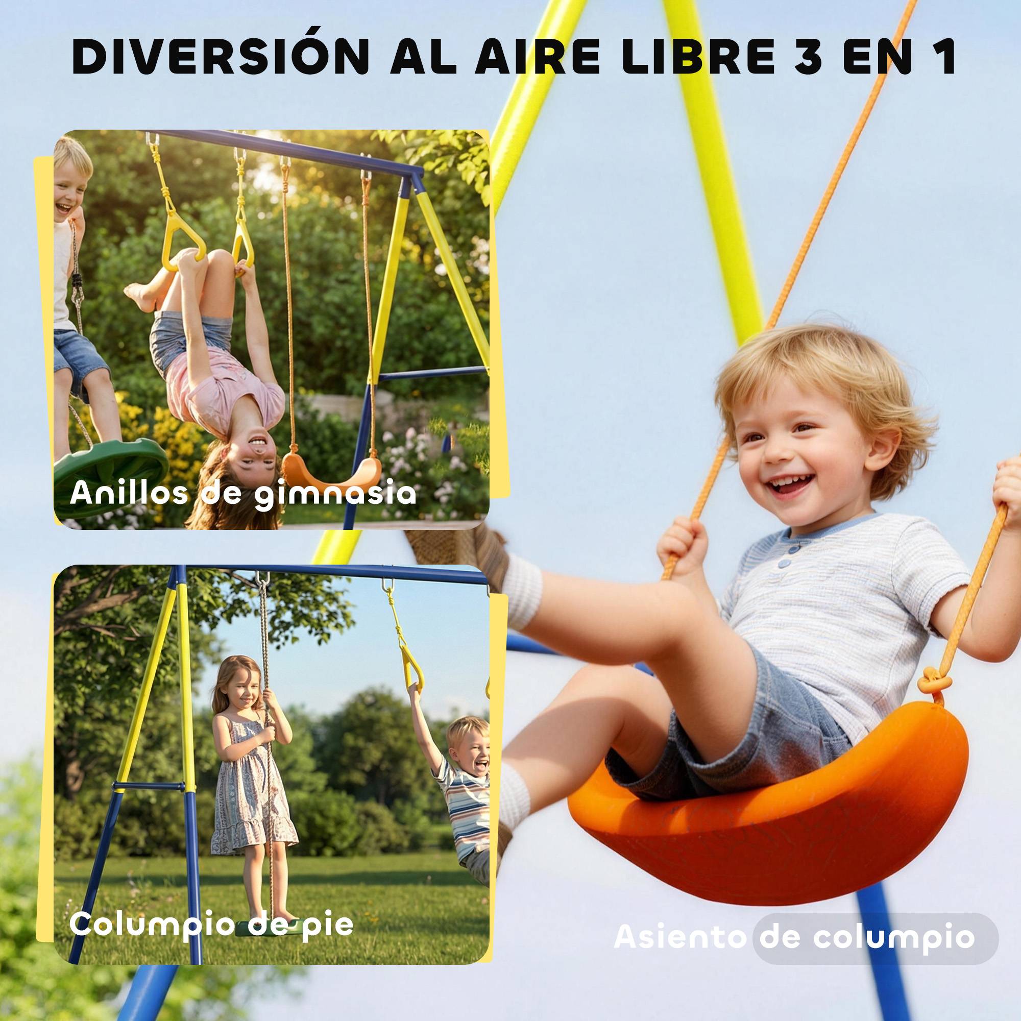 Balançoire 3-en-1 multicolore double siège cerceaux gymnastique charge 150kg enfants 3–8 ans - Image 6