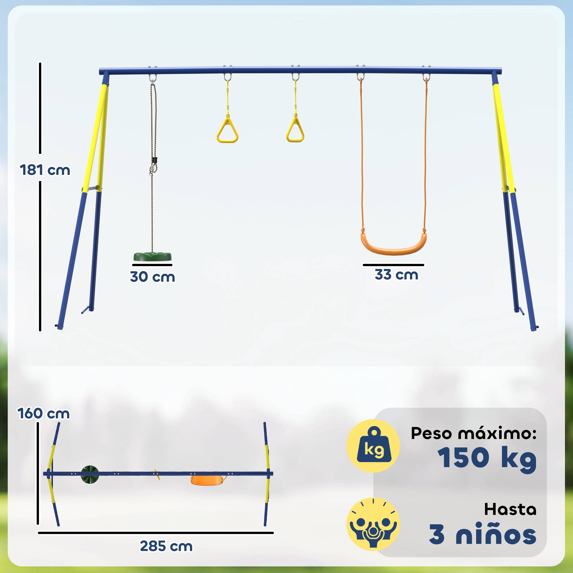 Balançoire 3-en-1 multicolore double siège cerceaux gymnastique charge 150kg enfants 3–8 ans - Image 5