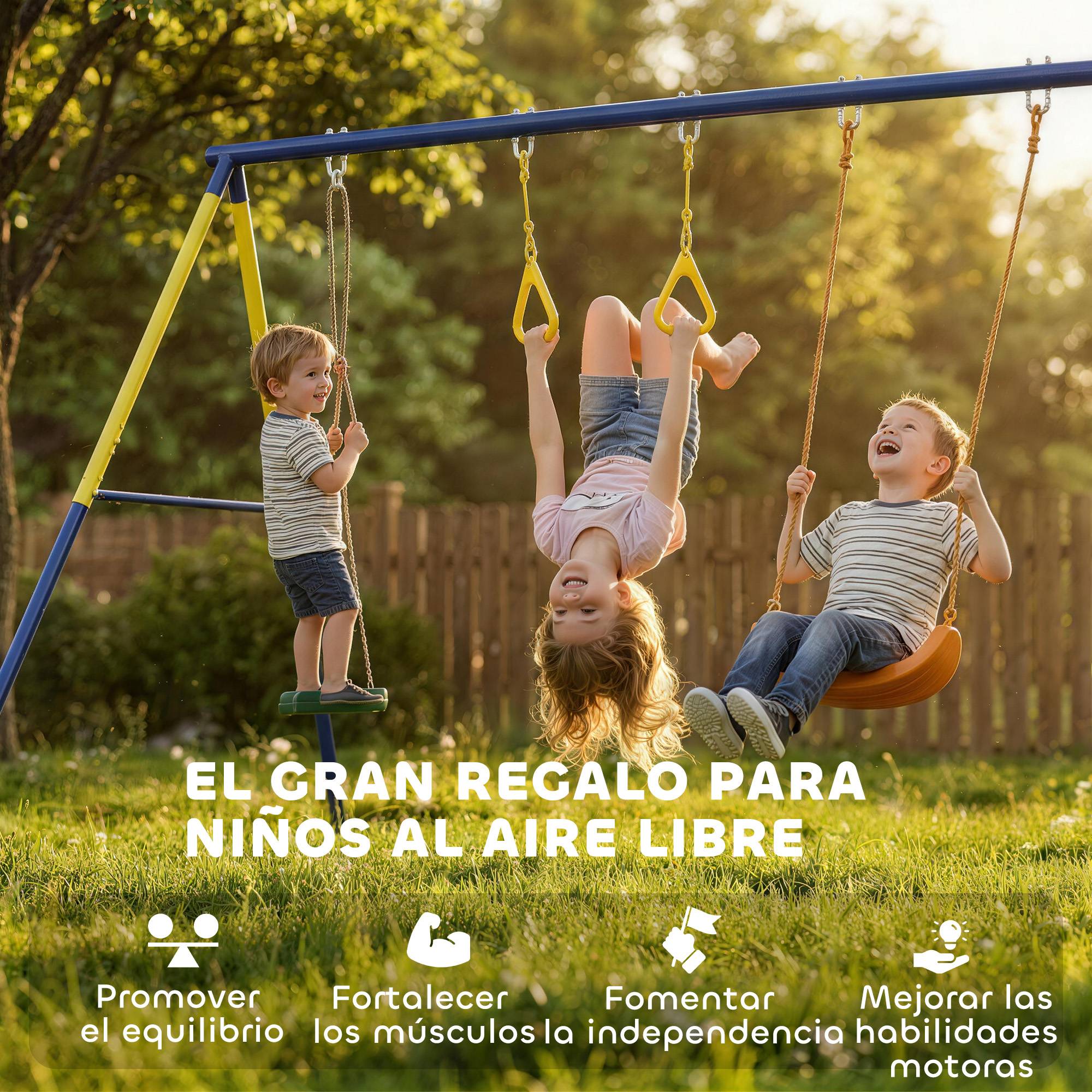 Balançoire 3-en-1 multicolore double siège cerceaux gymnastique charge 150kg enfants 3–8 ans - Image 9