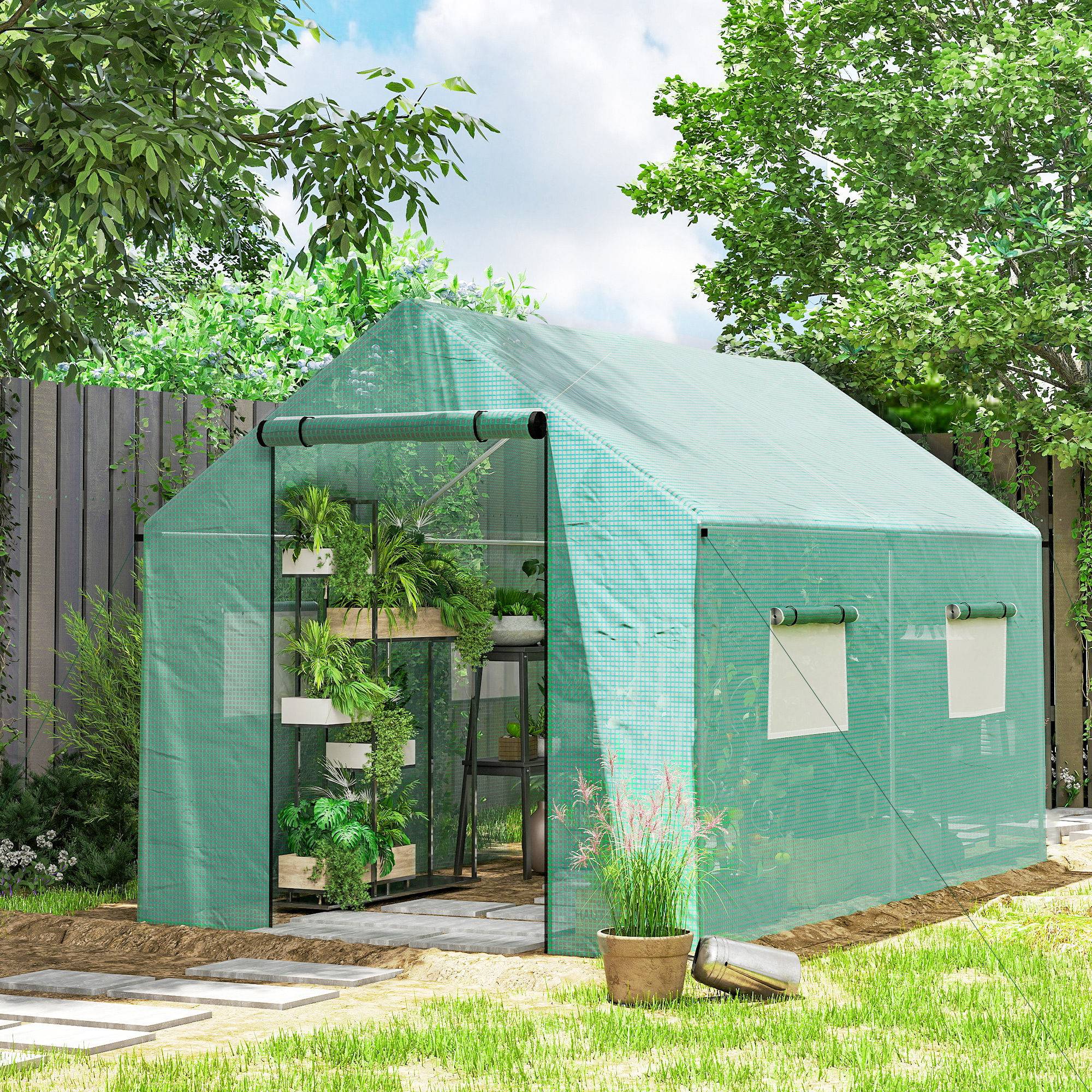 Sans Marque - Serre de jardin tunnel 2 x 3m, 6m² avec porte enroulable, 4 fenêtres, - Acier galvanisé PE Haute densité Vert - Image 4