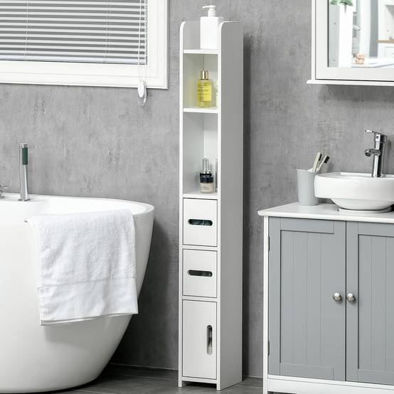 Colonne blanche avec 3 portes et 3 étagères, meuble rangement gain de place salle de bain cuisine 15x17x120 cm - Image 3