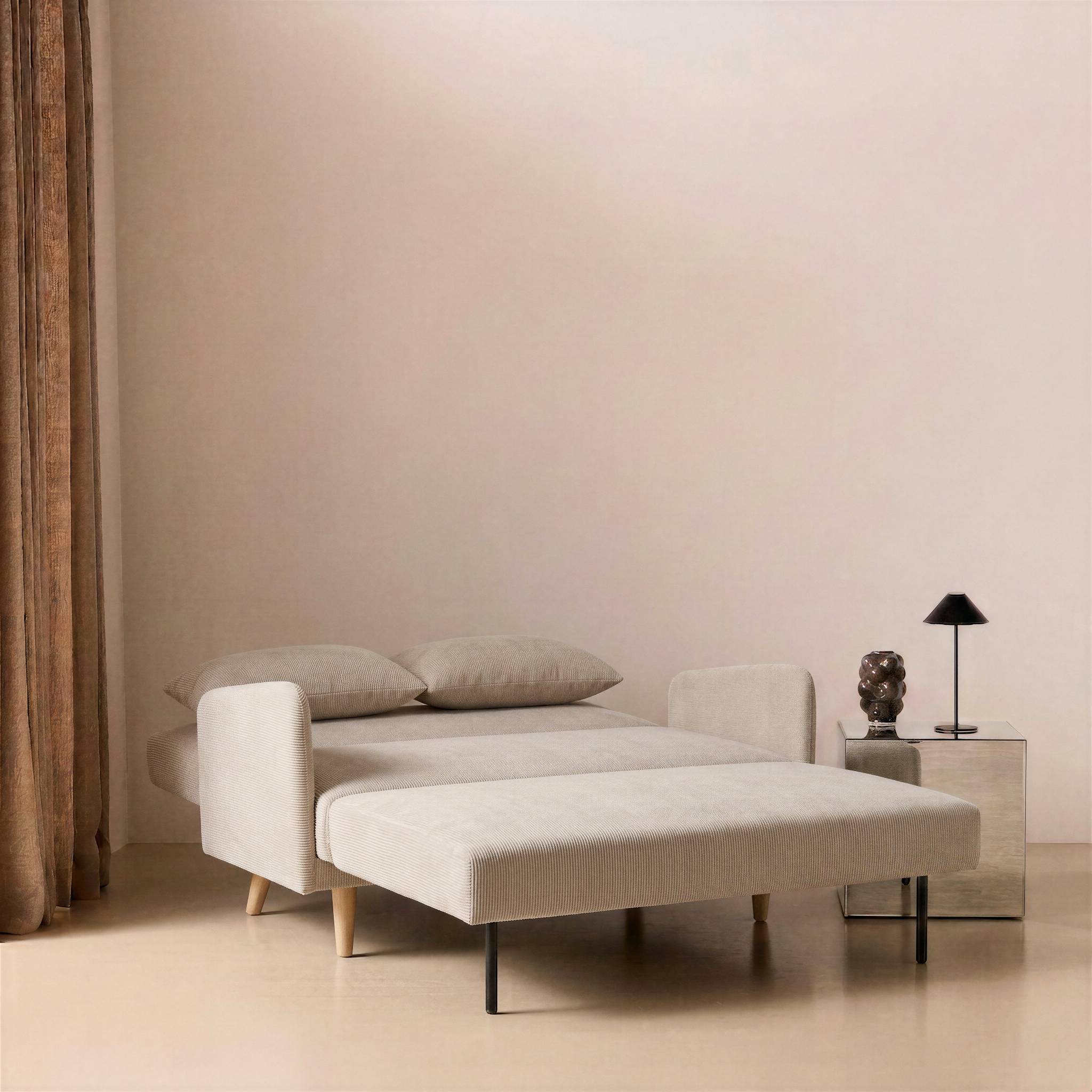 sweeek - Canapé convertible 2 places scandinave velours côtelé beige - Panam - pieds bois. banquette. dossier inclinable | sweeek - Image 3