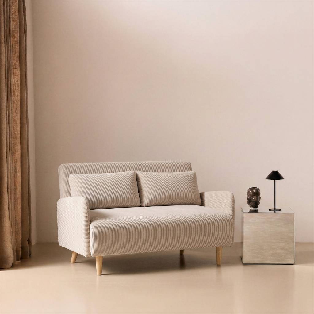 sweeek - Canapé convertible 2 places scandinave velours côtelé beige - Panam - pieds bois. banquette. dossier inclinable | sweeek - Image 1