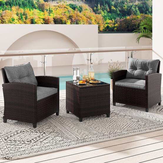 Salon de Jardin en Rotin PE 3 Pièces 2 Places avec Coussins Lavables 1 Table en Verre Trempé Gris - Image 6