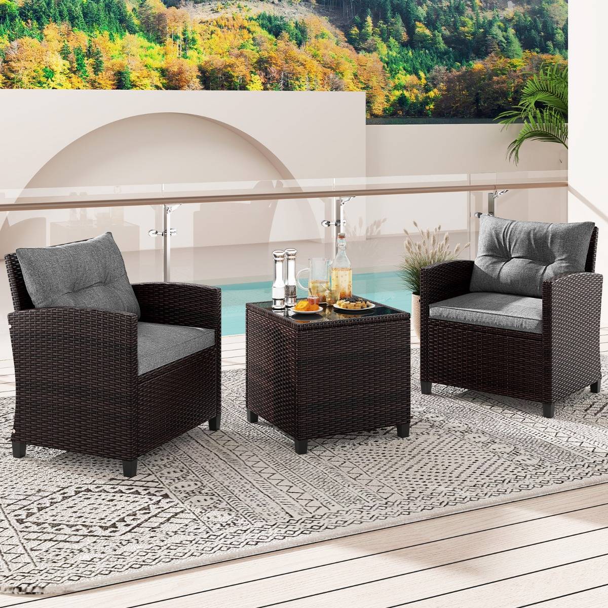 Salon de Jardin en Rotin PE 3 Pièces 2 Places avec Coussins Lavables 1 Table en Verre Trempé Gris - Image 6