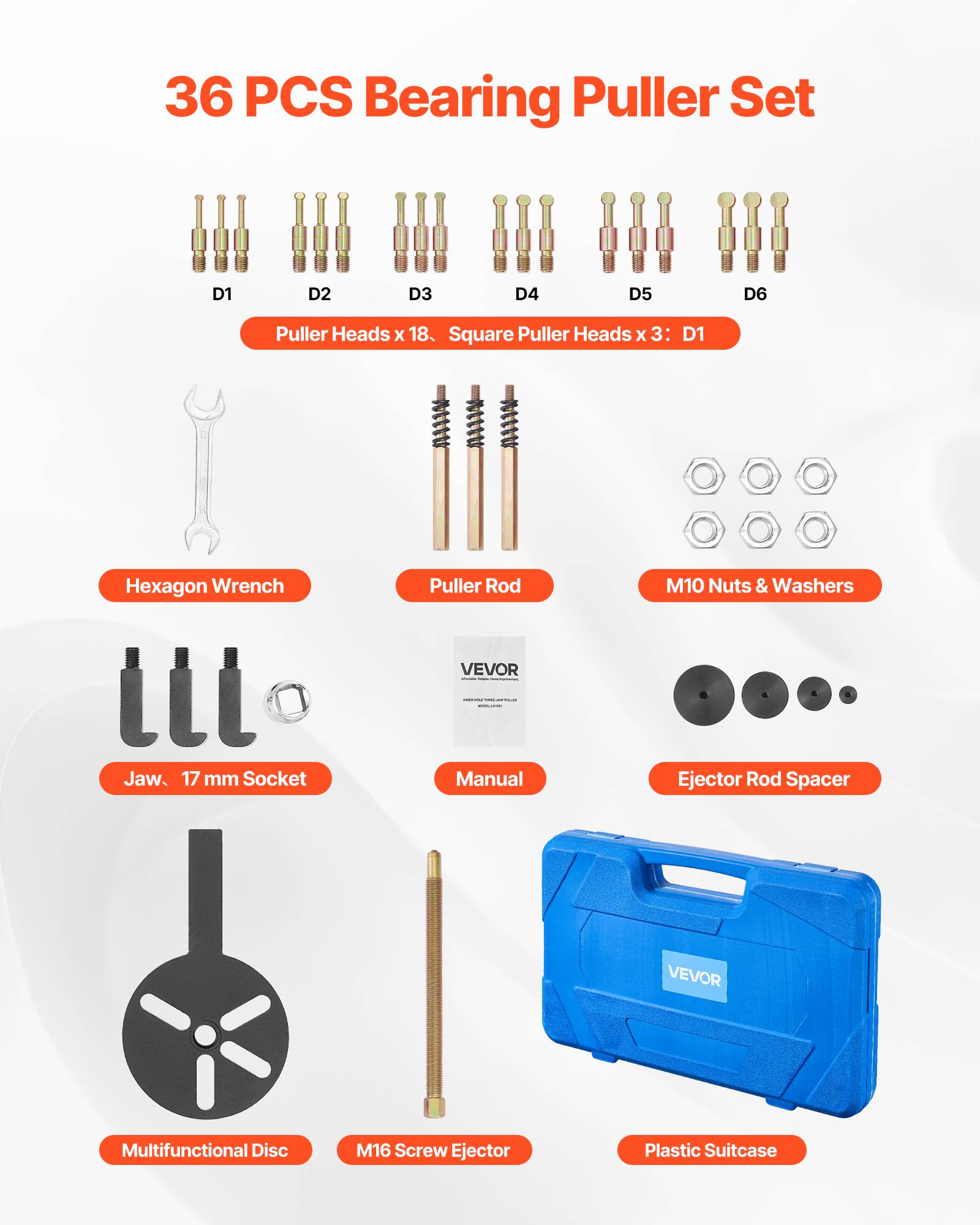 Vevor - VEVOR Kit extracteur de roulements 36 pièces, 3 mâchoires réversibles, pour roulements internes et externes, acier haute résistance, coffret portable. - Image 6