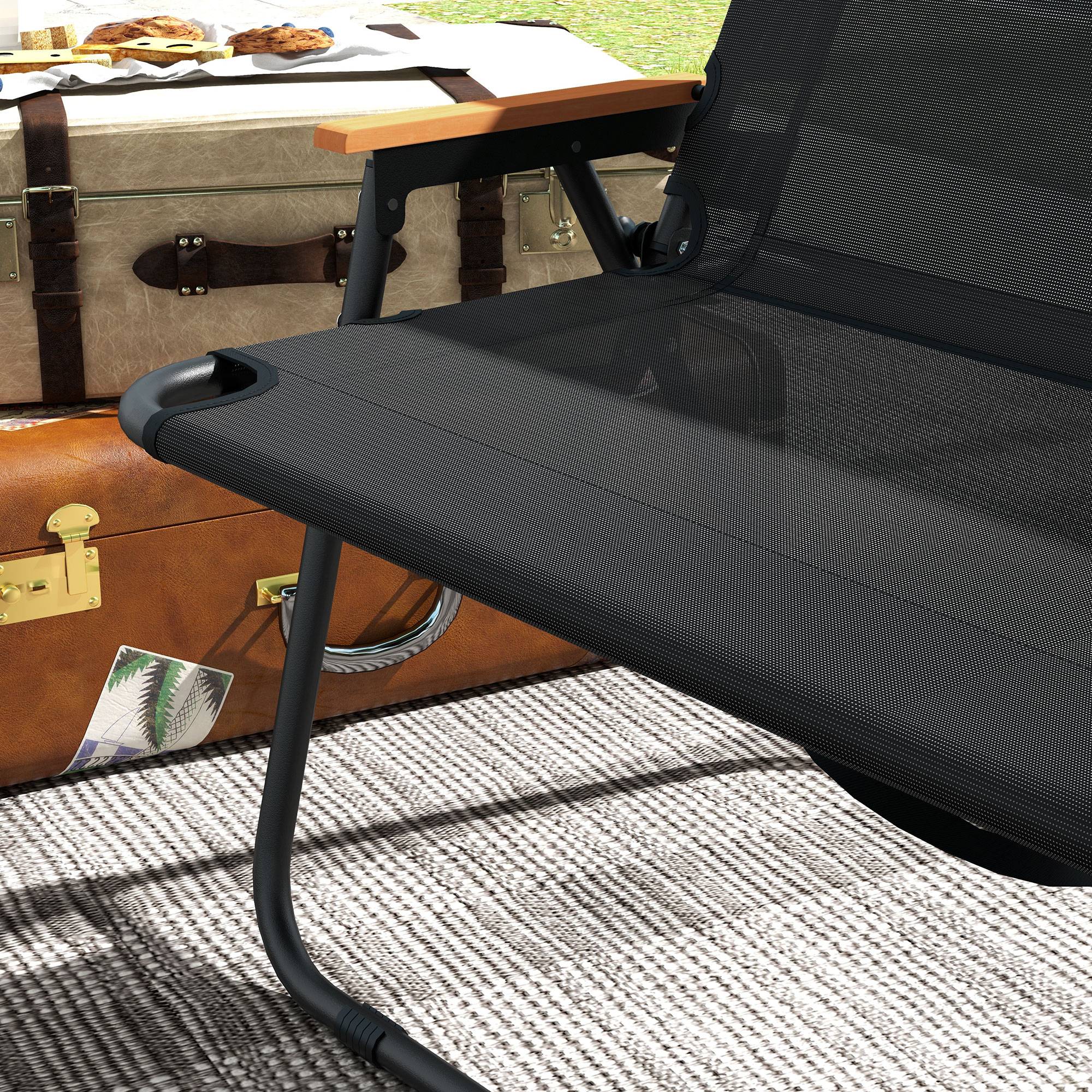 Outsunny - Banc 2 places pliable de camping accoudoirs aspect bois acier époxy textilène noir - Outsunny - Imagen 4