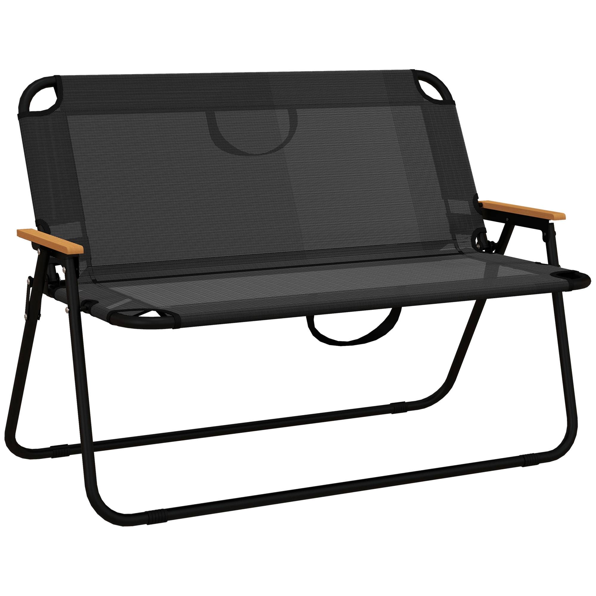 Outsunny - Banc 2 places pliable de camping accoudoirs aspect bois acier époxy textilène noir - Outsunny - Imagen 1