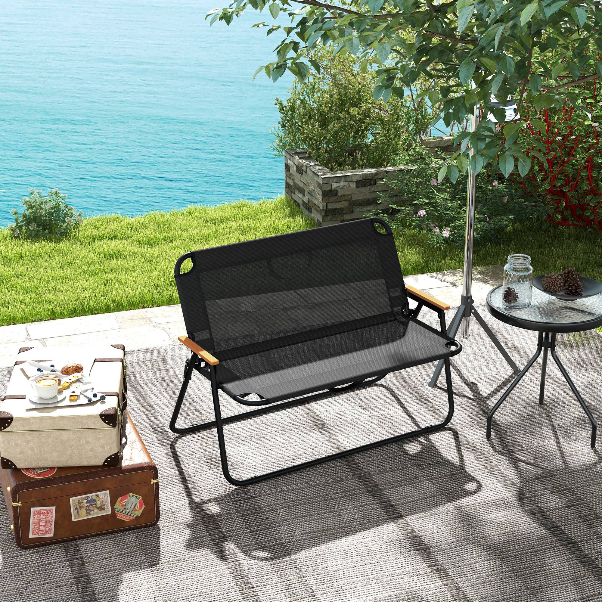 Outsunny - Banc 2 places pliable de camping accoudoirs aspect bois acier époxy textilène noir - Outsunny - Imagen 2