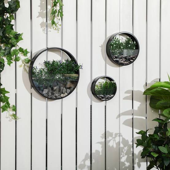 Lot 3 Jardinières Murales Acier pour Succulentes Décoration Empilable Noir - ComfortXL Outdoor Living - Image 1