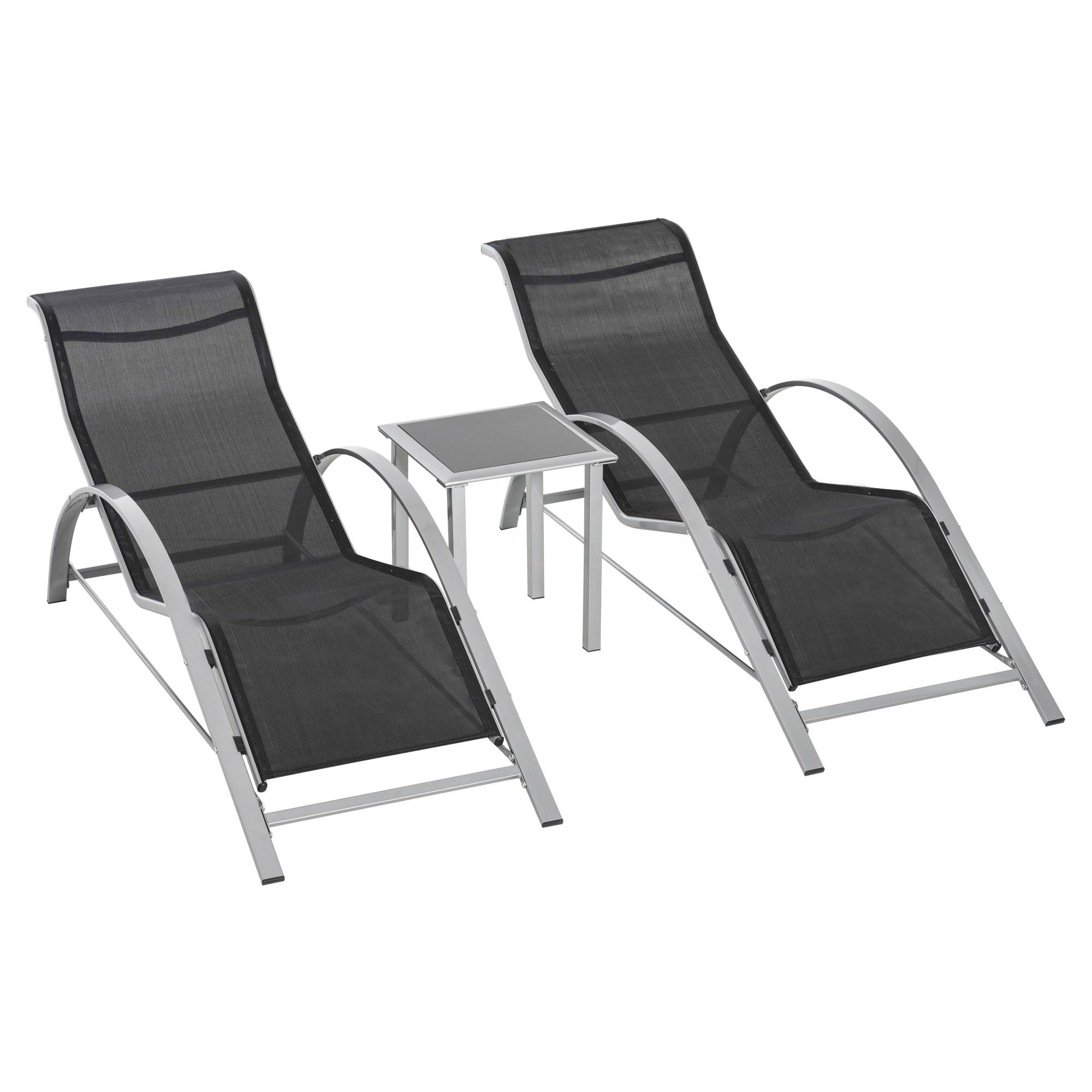 Outsunny - Lot de 2 bains de soleil design contemporain table basse plateau verre trempé métal époxy textilène gris foncé - Outsunny - Imagen 1