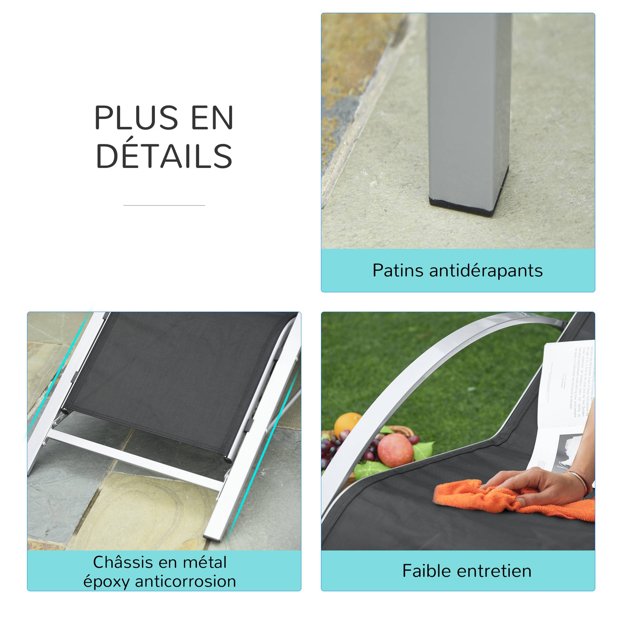 Outsunny - Lot de 2 bains de soleil design contemporain table basse plateau verre trempé métal époxy textilène gris foncé - Outsunny - Imagen 7