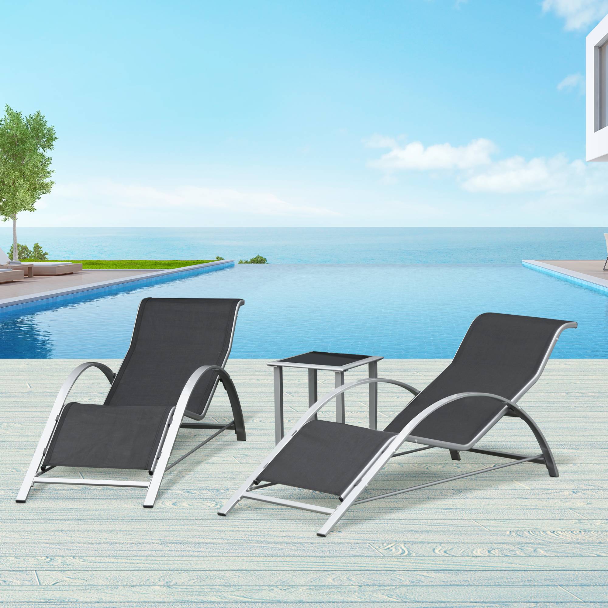 Outsunny - Lot de 2 bains de soleil design contemporain table basse plateau verre trempé métal époxy textilène gris foncé - Outsunny - Imagen 2
