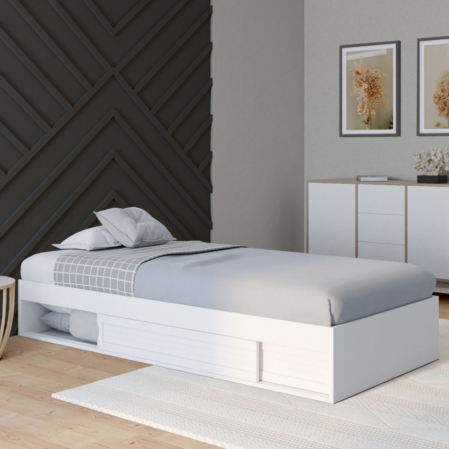 Cadre de lit simple SALEM avec rangement et sommier 90 x 190 CM blanc - Image 1