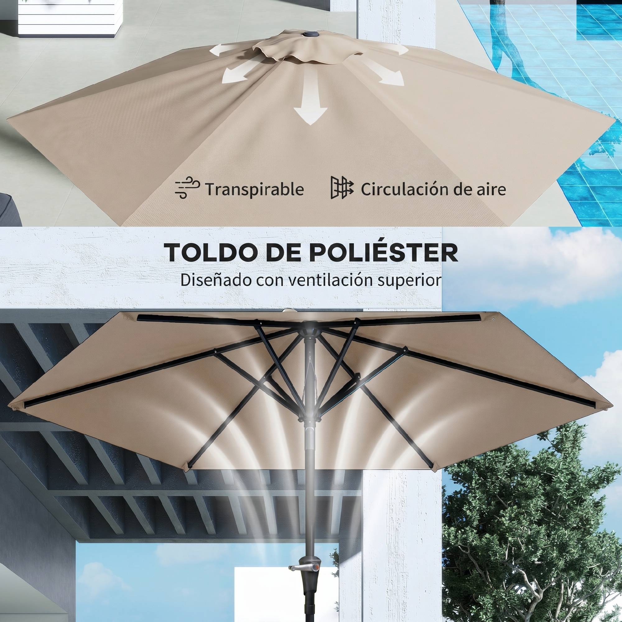 Parasol de jardin inclinable Ø230 x 216 cm, ouverture manuelle, imperméable, couleur kaki, pour terrasse et piscine - Image 8