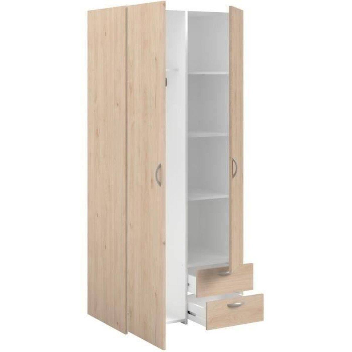 Armoire chambre Varia 2 portes et 2 tiroirs chêne et blanc, 80,7 x 185 x 51,3 cm - Parisot - Image 5