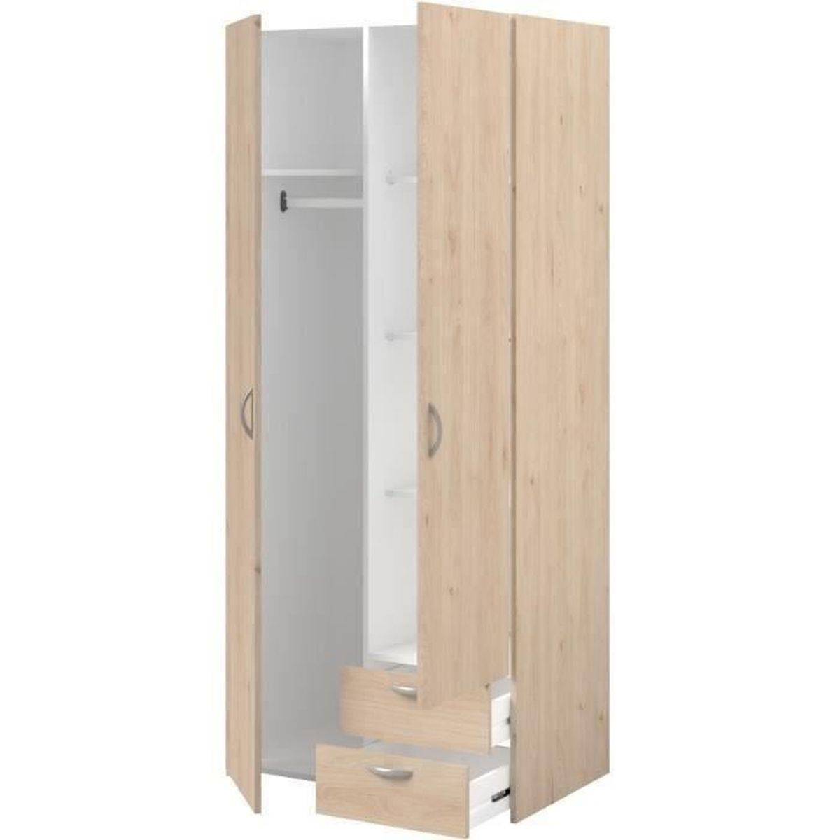 Armoire chambre Varia 2 portes et 2 tiroirs chêne et blanc, 80,7 x 185 x 51,3 cm - Parisot - Image 6
