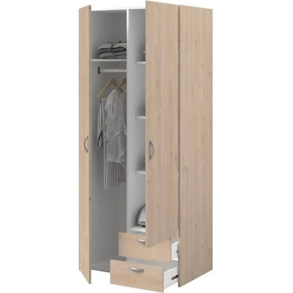Armoire chambre Varia 2 portes et 2 tiroirs chêne et blanc, 80,7 x 185 x 51,3 cm - Parisot - Image 9