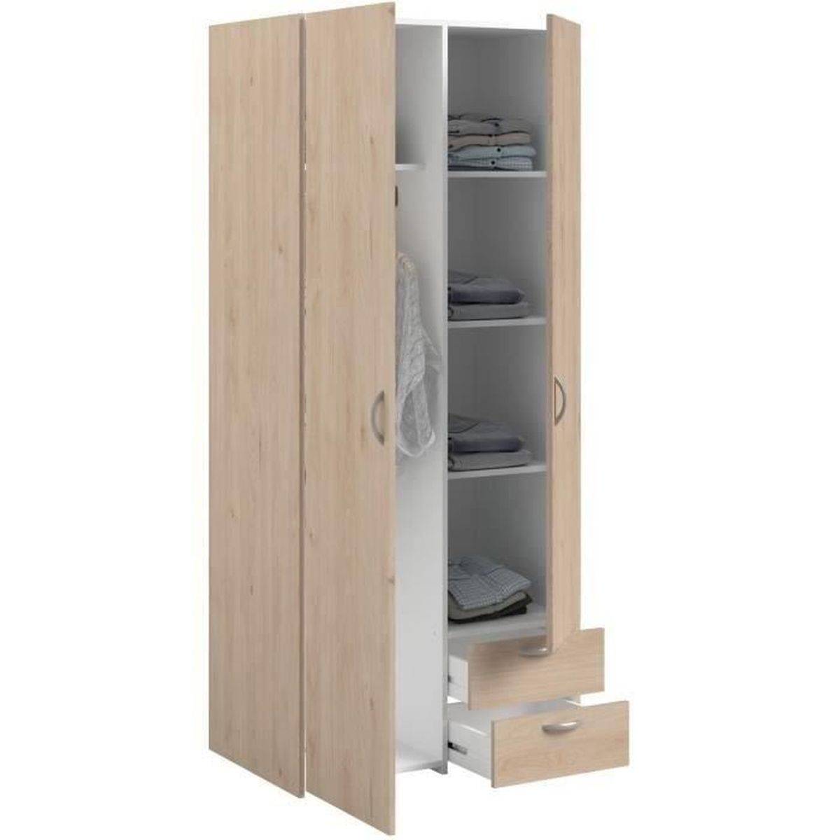 Armoire chambre Varia 2 portes et 2 tiroirs chêne et blanc, 80,7 x 185 x 51,3 cm - Parisot - Image 8