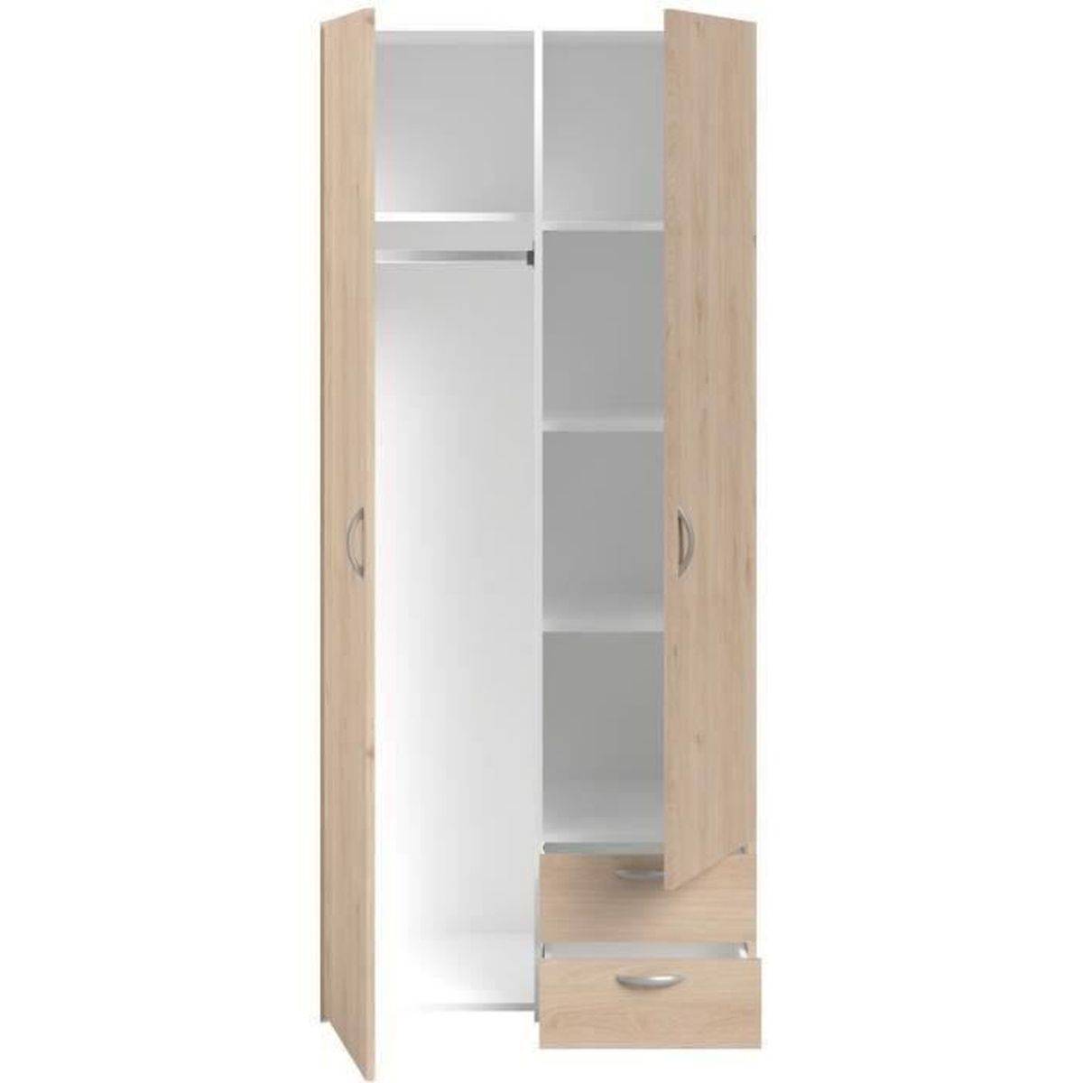 Armoire chambre Varia 2 portes et 2 tiroirs chêne et blanc, 80,7 x 185 x 51,3 cm - Parisot - Image 7