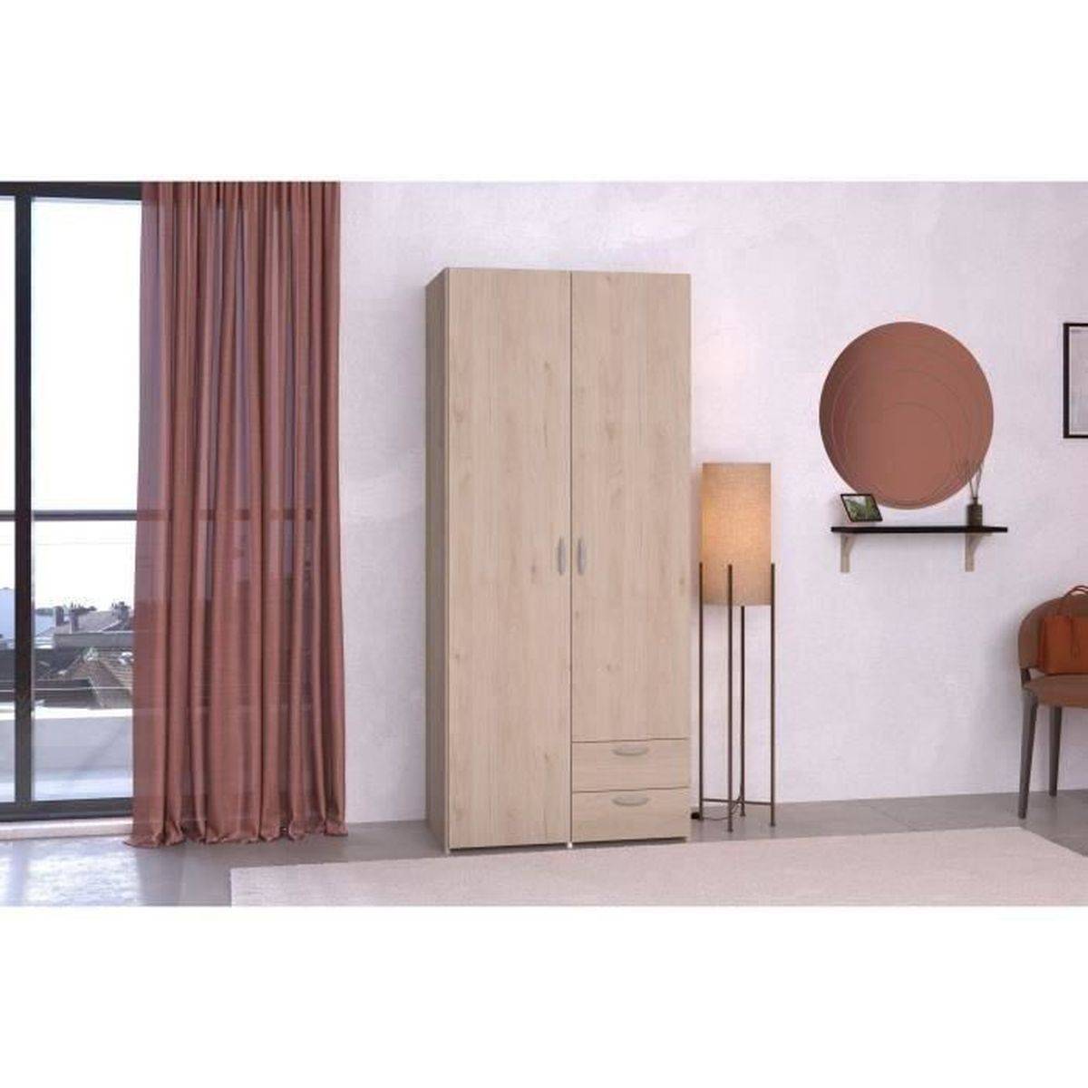 Armoire chambre Varia 2 portes et 2 tiroirs chêne et blanc, 80,7 x 185 x 51,3 cm - Parisot - Image 1