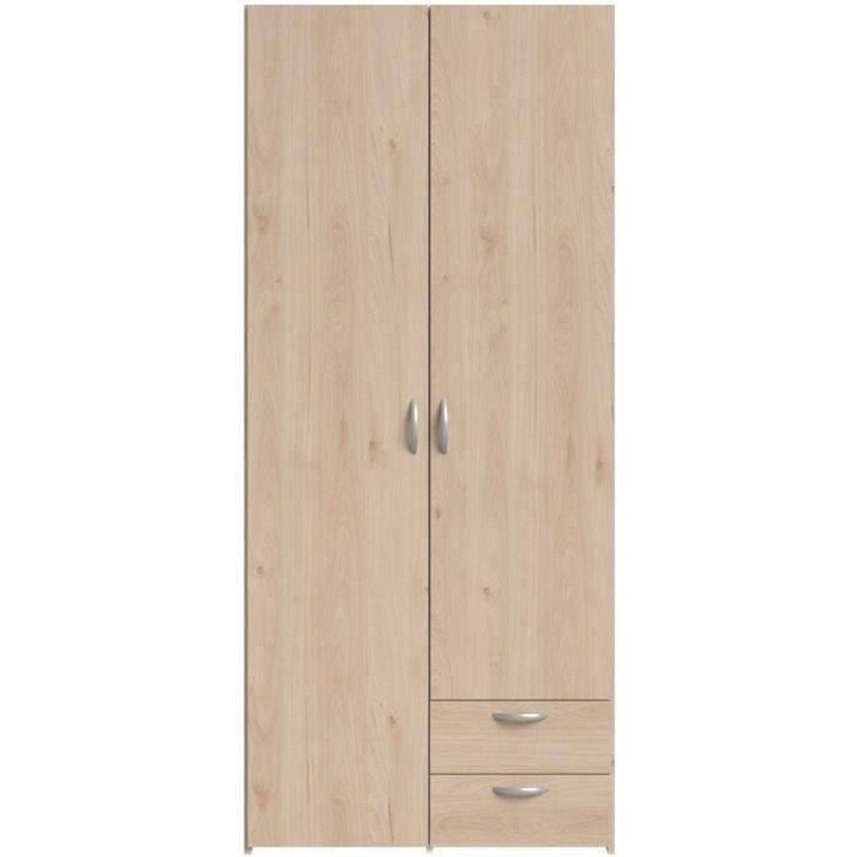 Armoire chambre Varia 2 portes et 2 tiroirs chêne et blanc, 80,7 x 185 x 51,3 cm - Parisot - Image 4