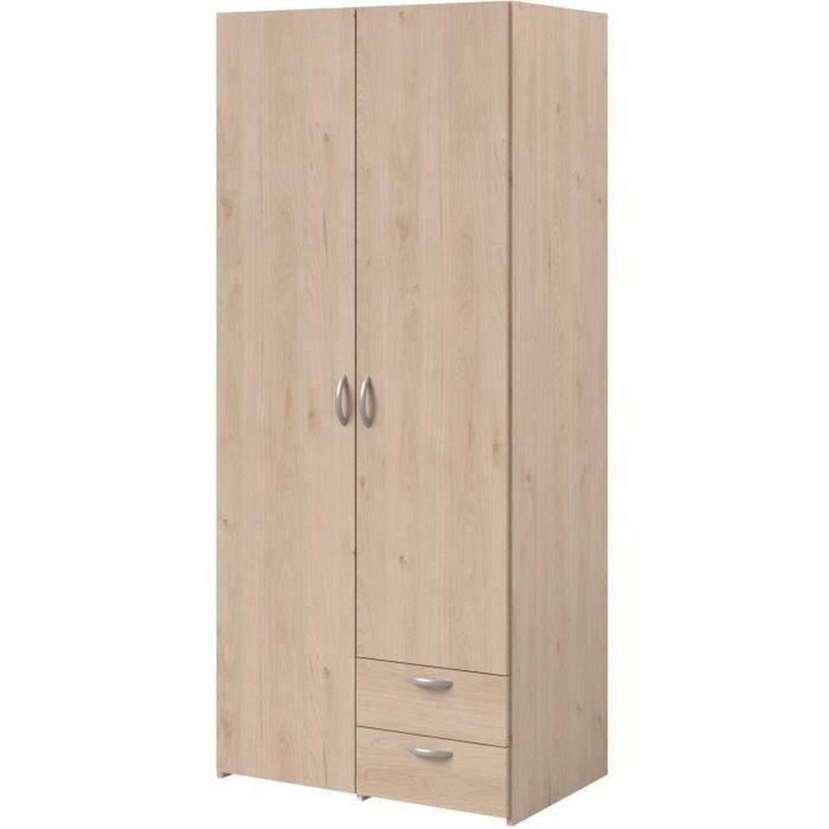 Armoire chambre Varia 2 portes et 2 tiroirs chêne et blanc, 80,7 x 185 x 51,3 cm - Parisot - Image 3