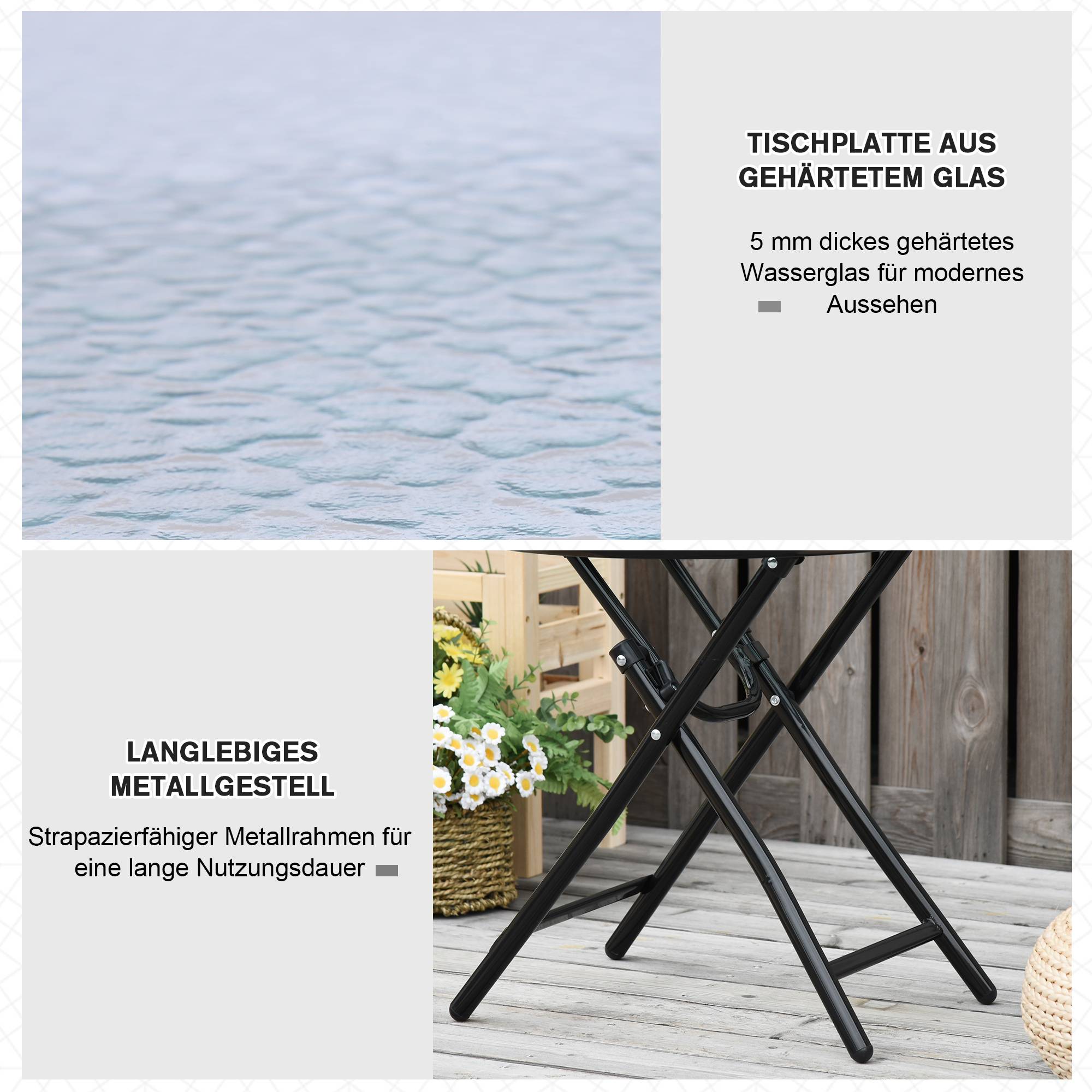 Table bistro ronde pliable en métal plateau verre, pratique peu encombrante pour jardin balcon, noire Ø45 cm - Image 7