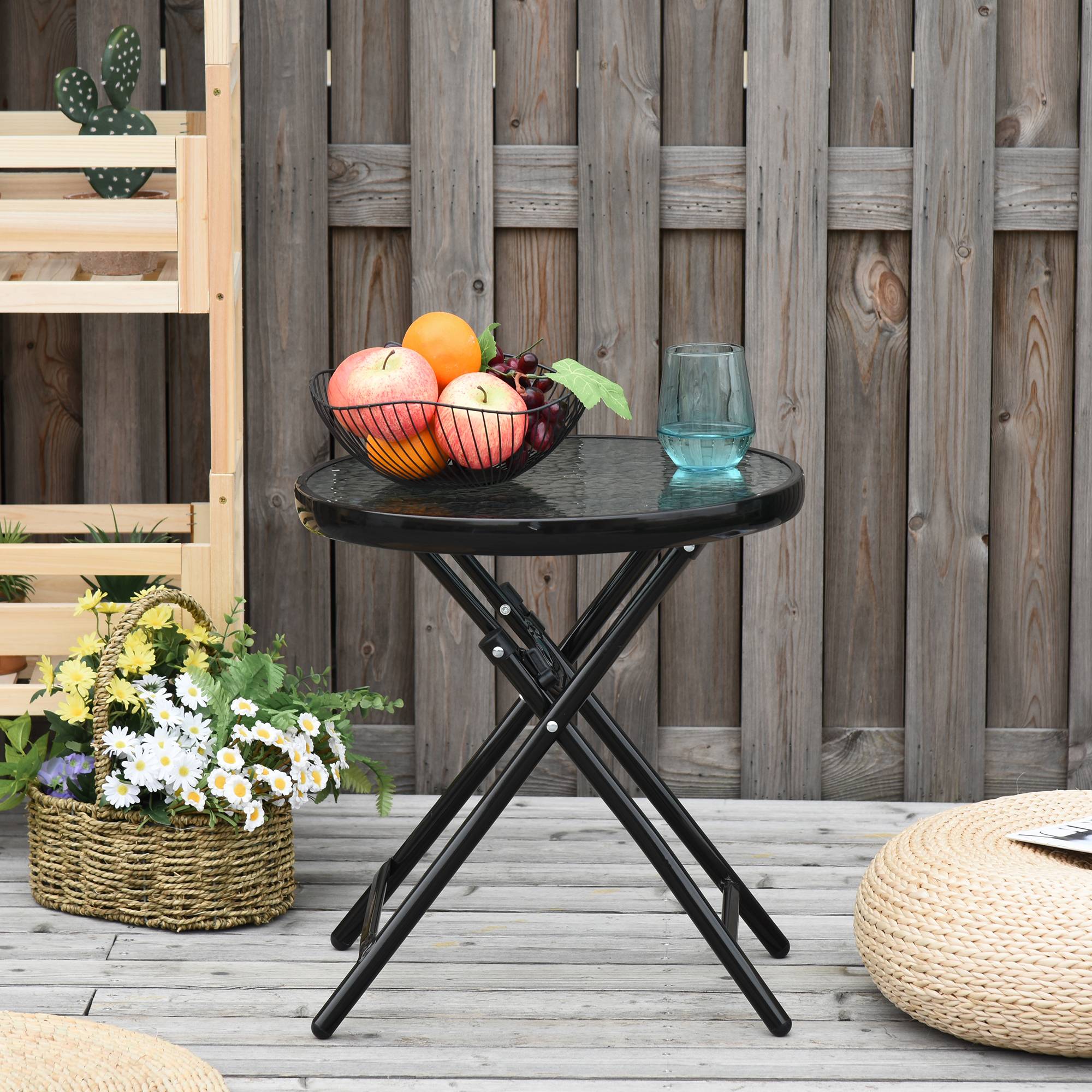 Table bistro ronde pliable en métal plateau verre, pratique peu encombrante pour jardin balcon, noire Ø45 cm - Image 2