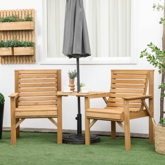 Ensemble bistro en bois 3 pièces, mobilier de jardin résistant aux intempéries avec structure à lattes et trou pour parasol, marron - Image 4