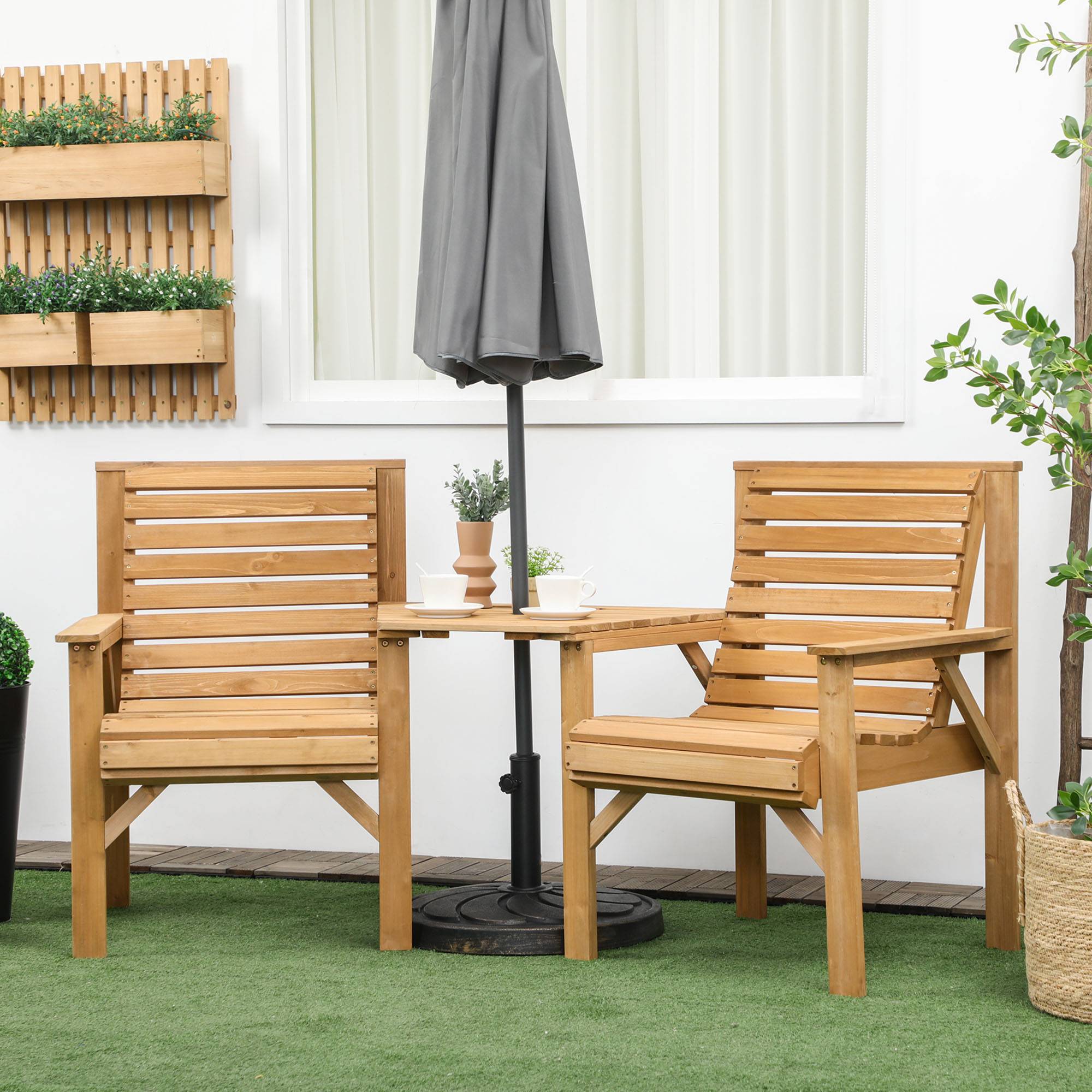 Ensemble bistro en bois 3 pièces, mobilier de jardin résistant aux intempéries avec structure à lattes et trou pour parasol, marron - Image 4