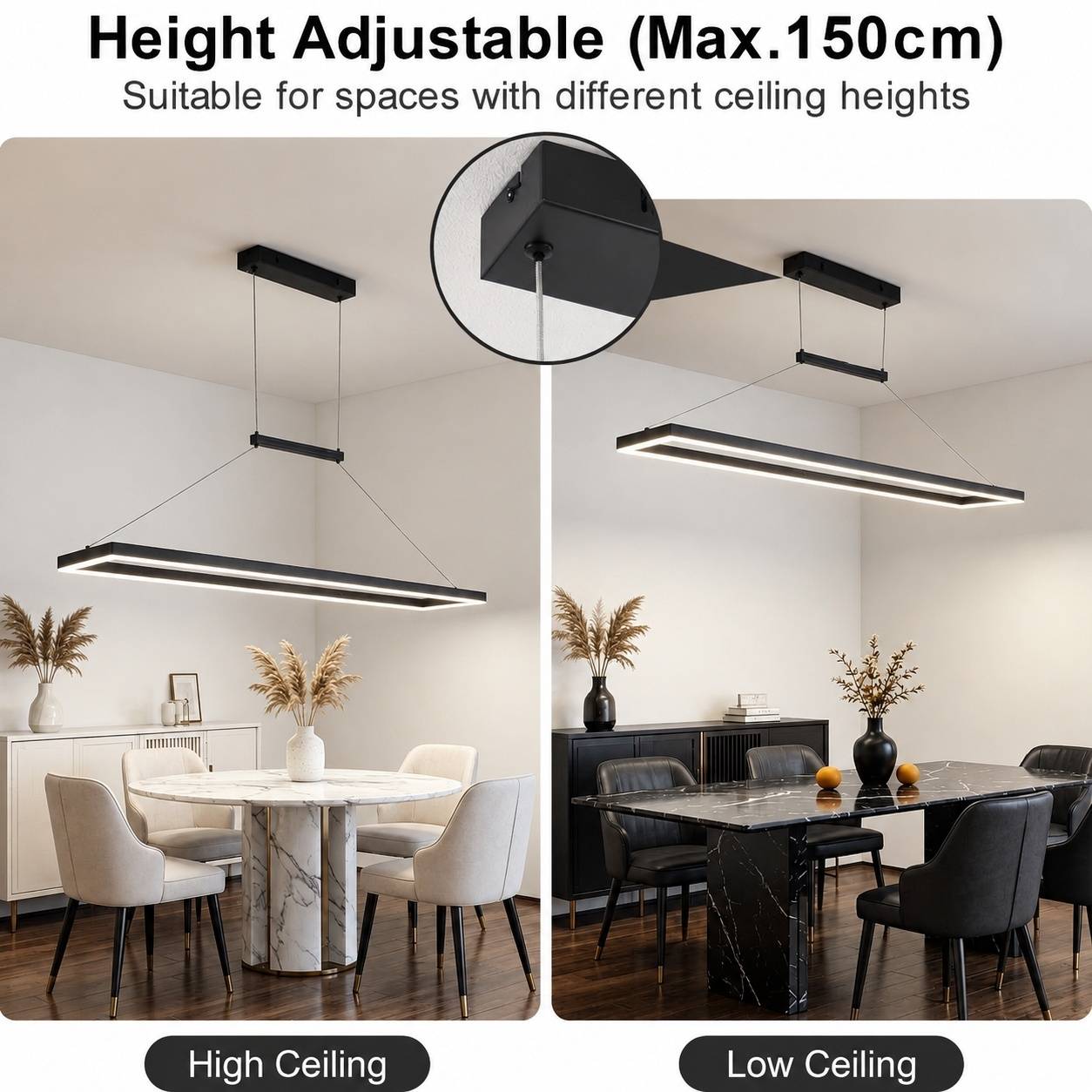 Suspension LED Dimmable Télécommande pour Salle à Manger Noire - Image 5
