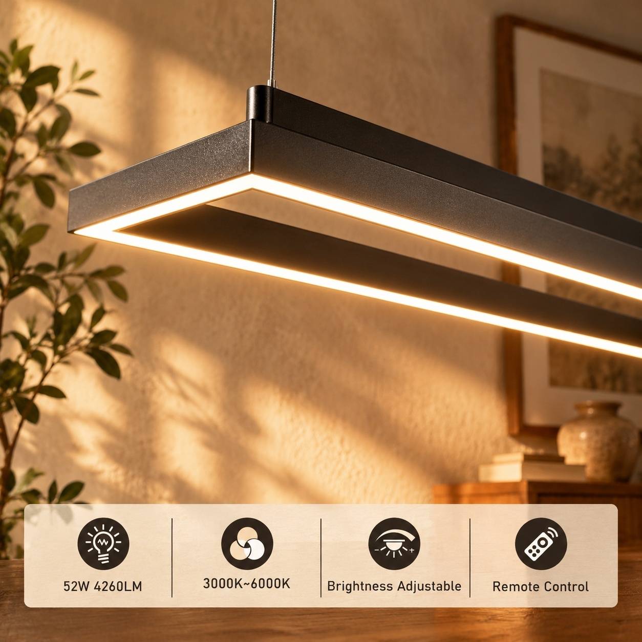 Suspension LED Dimmable Télécommande pour Salle à Manger Noire - Image 3