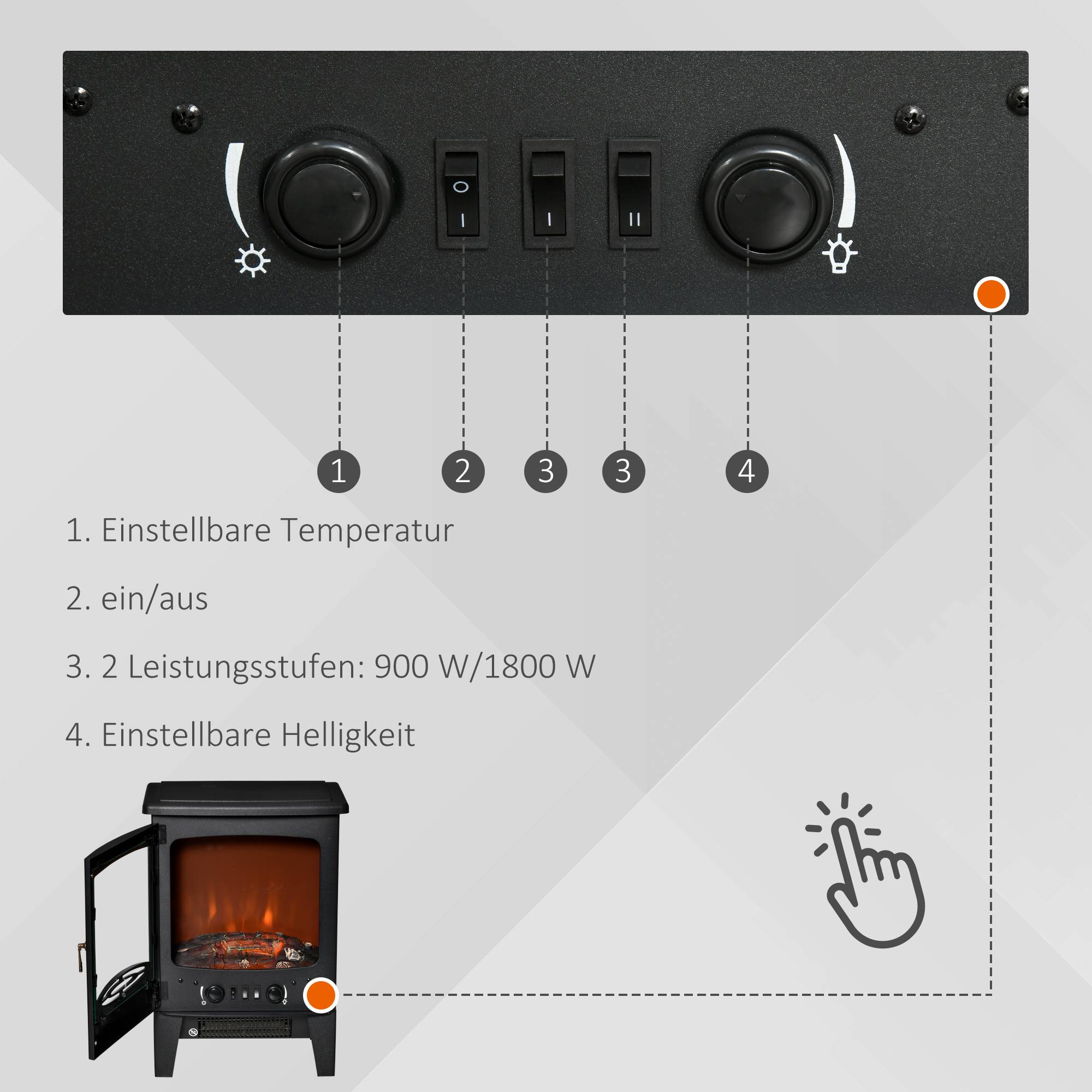Cheminée électrique LED, cheminée autoportante avec effet flamme, 900/1800 W, noire - Image 7