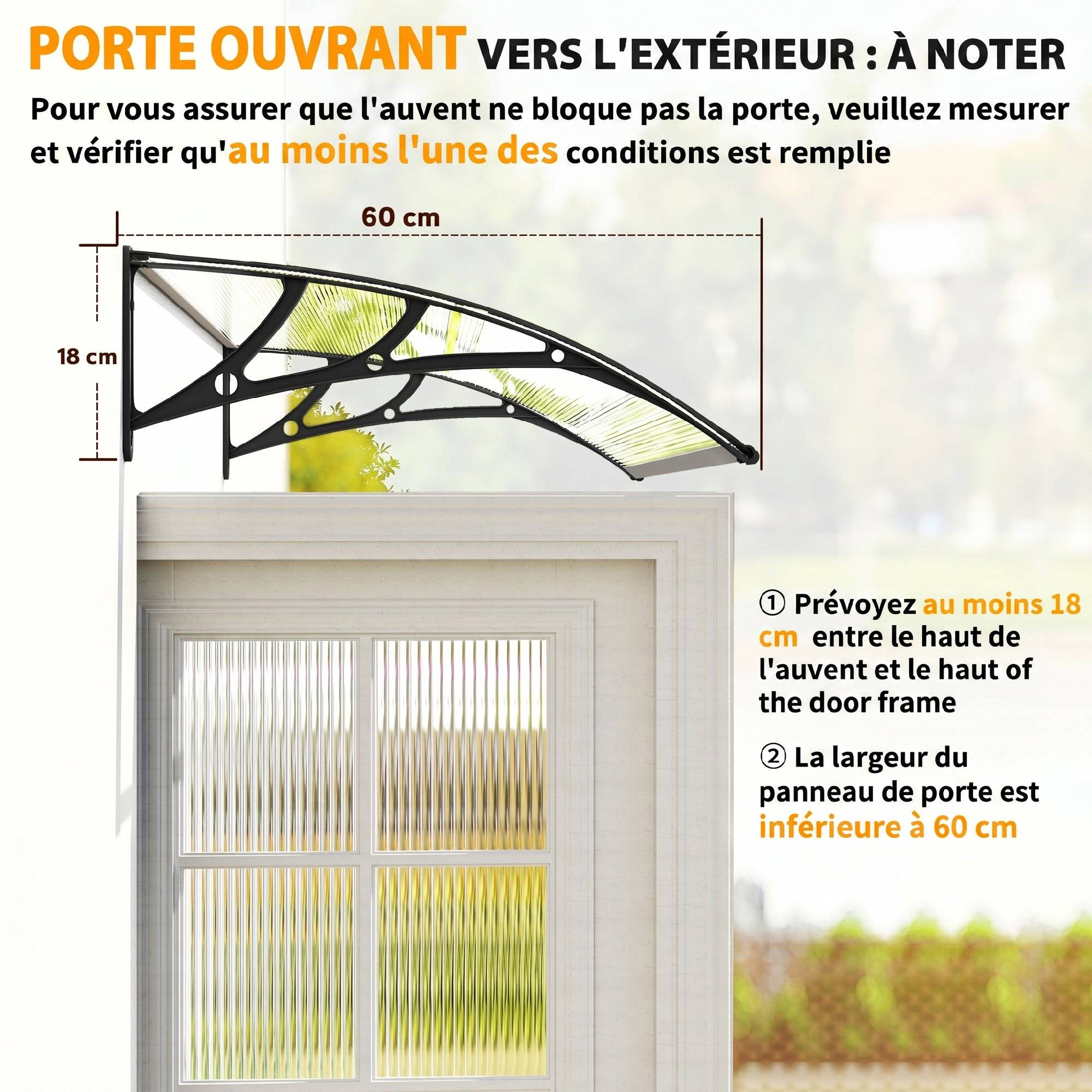 ComfortXL - Marquise de porte en polycarbonate transparent et aluminium 110 x 60 cm pour entrée et fenêtre protection UV - Image 7
